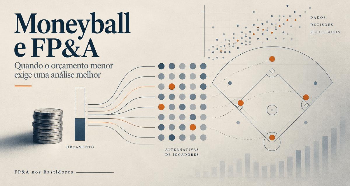 Ilustração editorial sobre Moneyball e FP&A, conectando orçamento limitado, análise de dados e alocação estratégica de recursos.